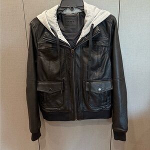 Blank NYC Black Leather Jacket with Gray Hood